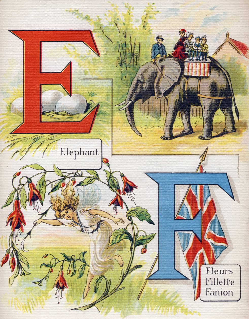 Letter E and F: elephant and flowers, girl, pennant. Engraving in "ABC L