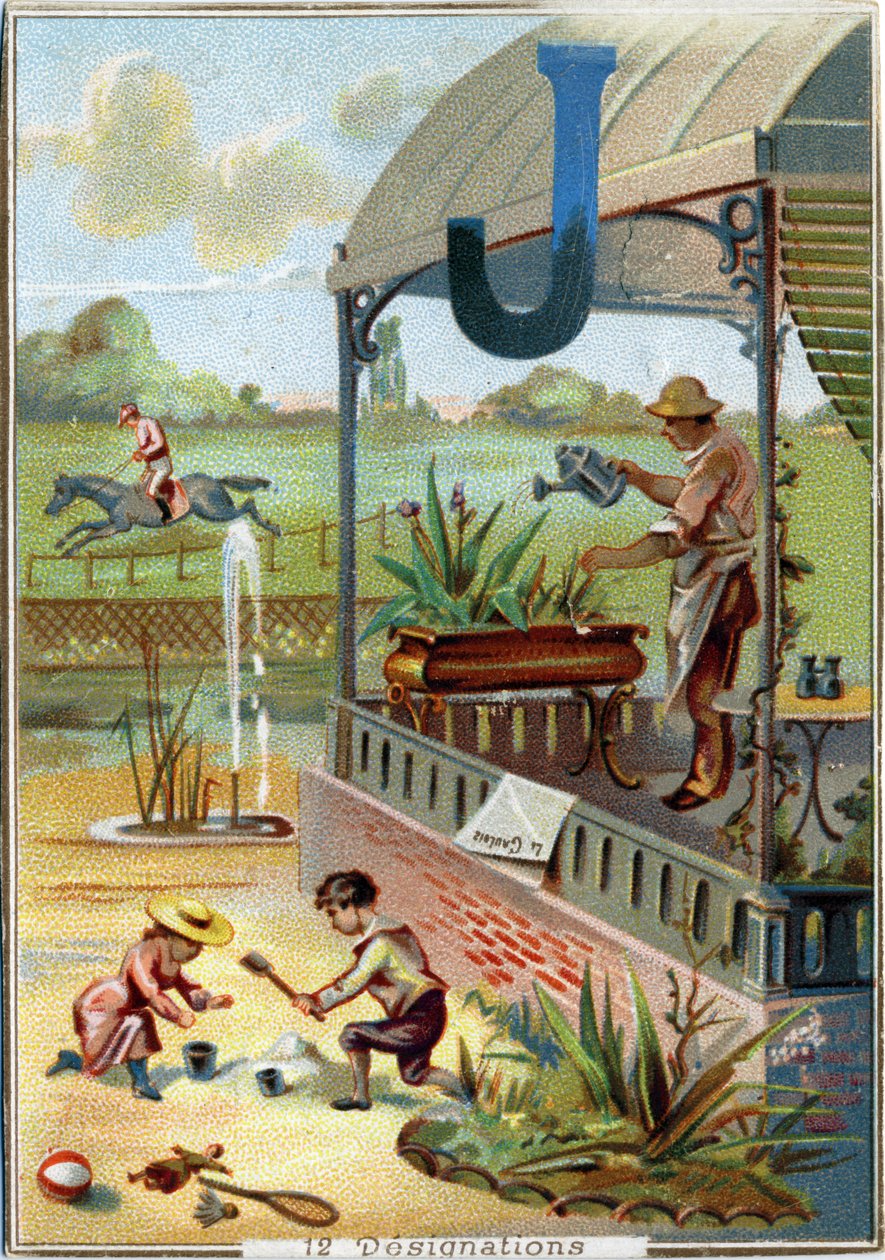 Letter J: Garden; Game; Toys; Jockey; Gardener; Binoculars; Jet; Newspaper. Alphabet. Chromolithographs of Parisian Lithography, Circa 1890 by Unbekannt