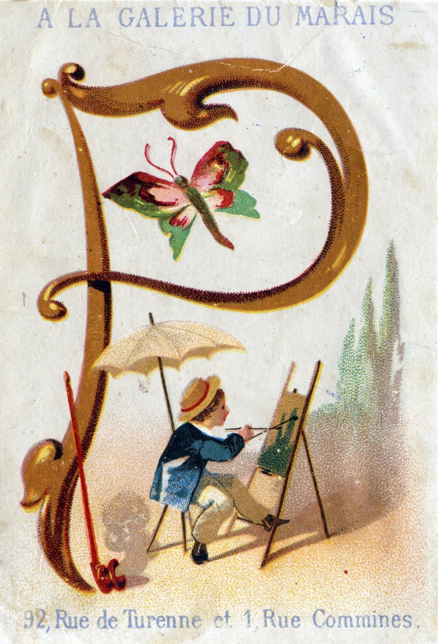 Letter P: Painter, Butterfly, Parasol, Pipe. Alphabet Art Nouveau: Series of 25 Advertising Chromolithographs. Lithography by Alfred Clarey, Late 19th Century. Dim 115x75mm by Unbekannter Künstler