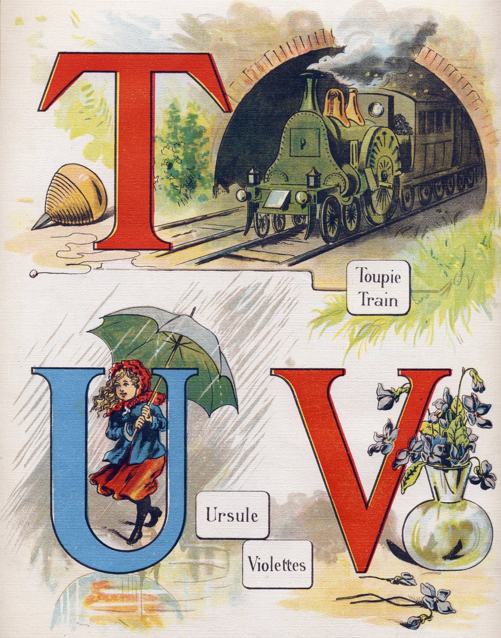 Letter T, U and V: Top, Train, Ursula and Violet. Engraving in 