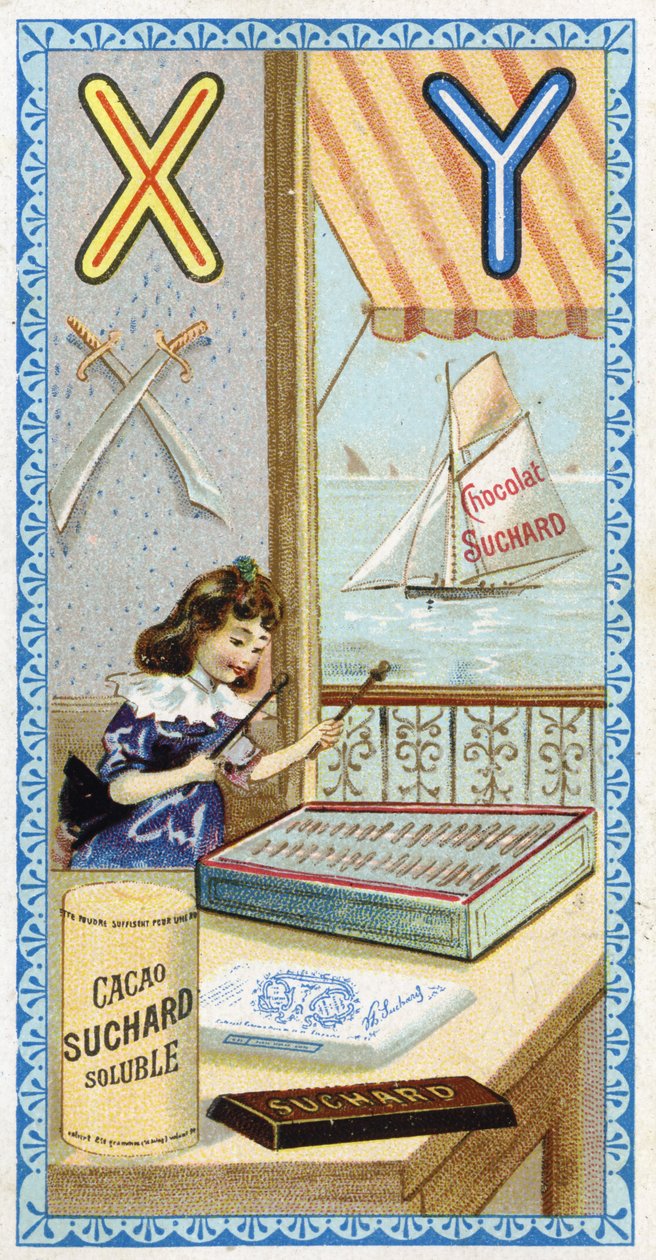 Letter X: xylophonist and Y: yatagan, yacht. Engraving of the Alphabet edited by Chocolat Suchard, beginning of the 20th century by Unbekannt