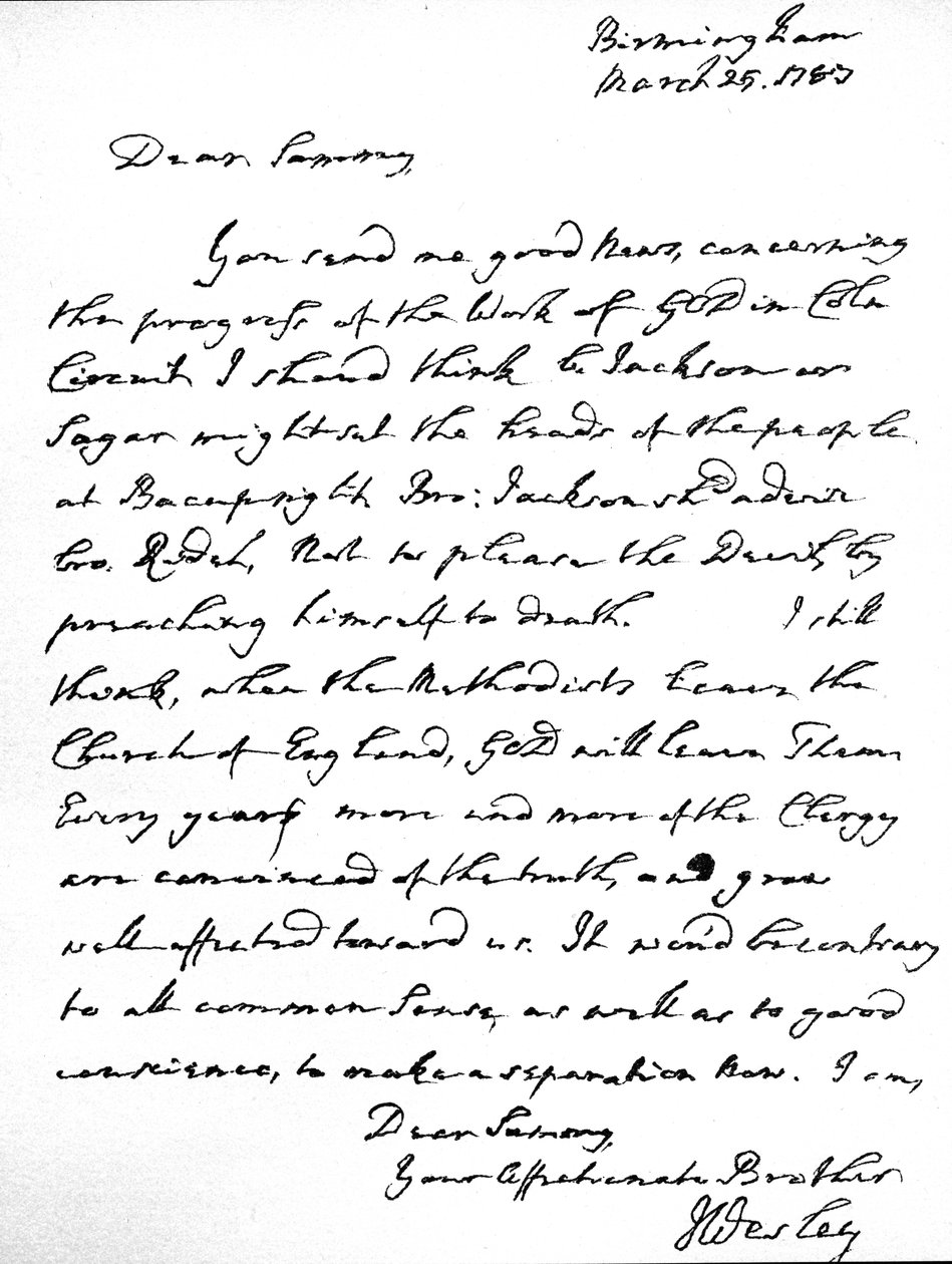 Letter from John Wesley to Samuel Bradburn, expressing his strong opinion that the Methodists should not leave the Church of England, written at Birmingham, 25 March by Unbekannt