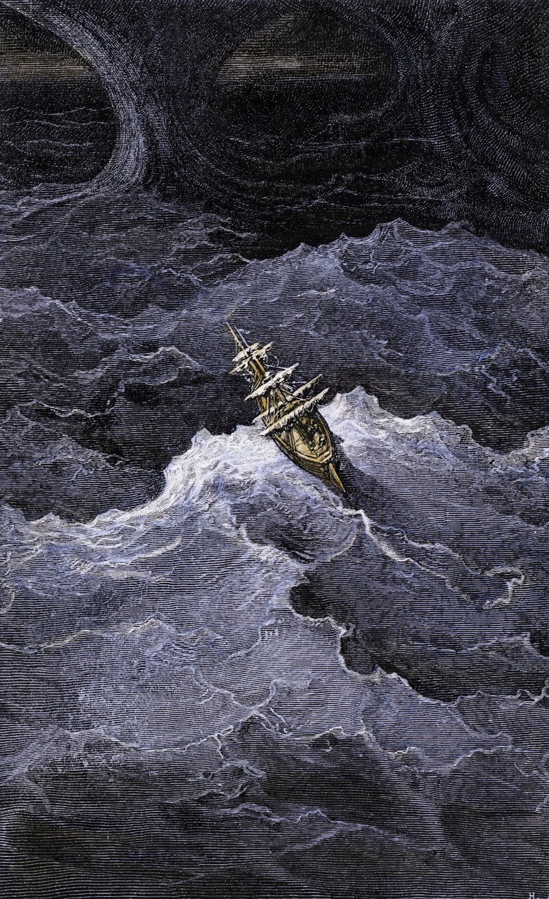Boat in the middle of the sea. Illustration of the novel by Samuel Taylor Coleridge "Rime of the Ancient Mariner". Colour engraving after an illustration by Gustave Dore by Unbekannter Künstler