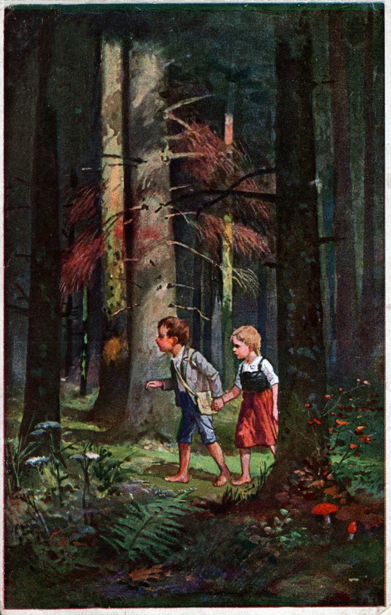 Literature. Fairy Tales. Hansel and Gretel lost in the forest. Illustration by Otto Kubel for the tale of the Brothers Grimm. Postcard, Germany, c.1900 by Unbekannter Künstler