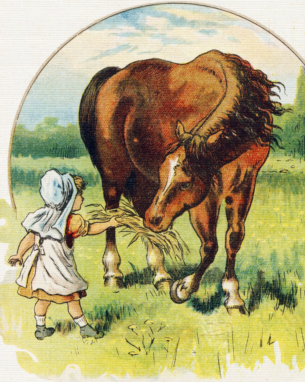 Little girl giving hay to a horse. Engraving in 