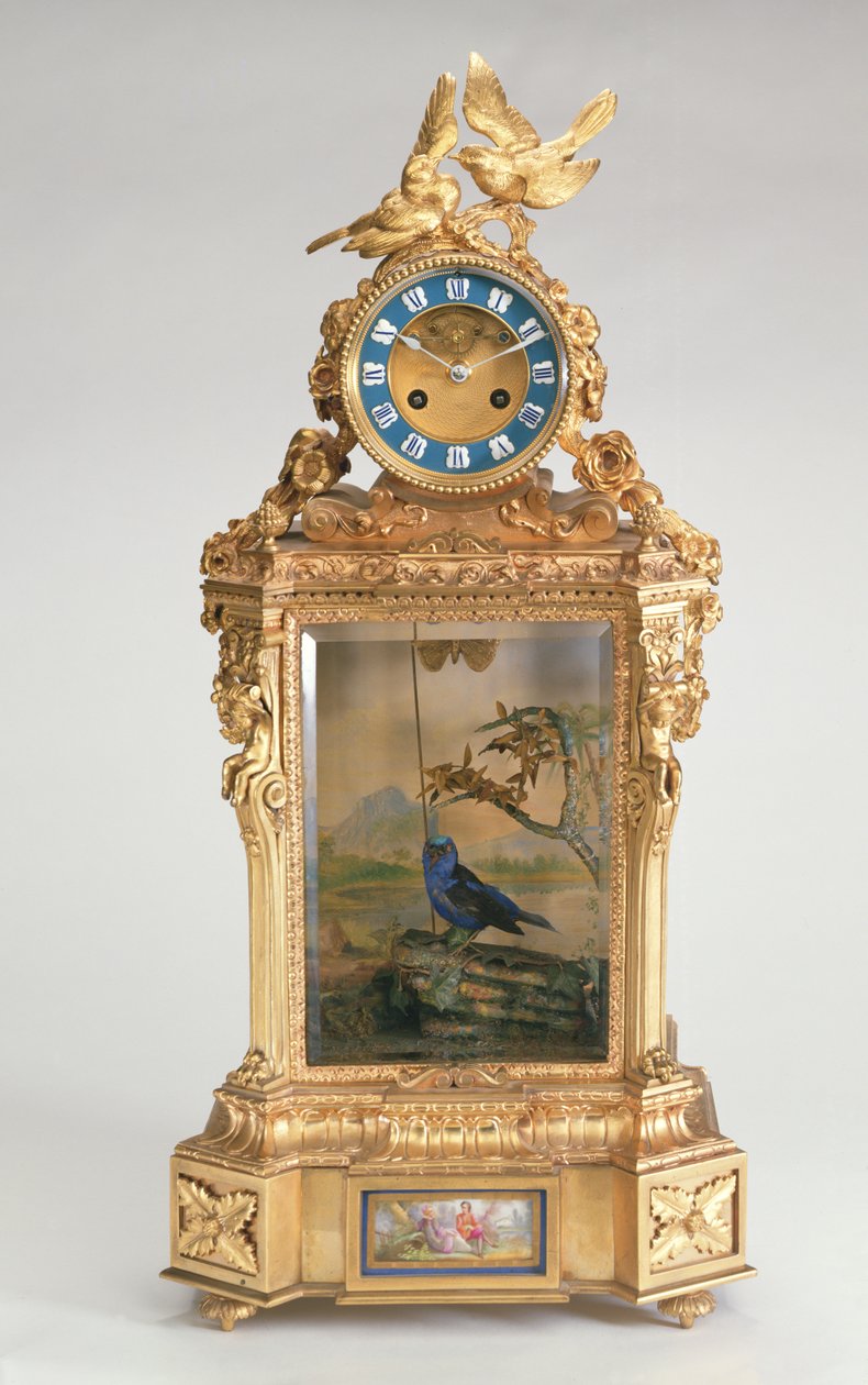 Mantel clock, porcelain-mounted ormolu, with singing bird automaton, French by Unbekannt
