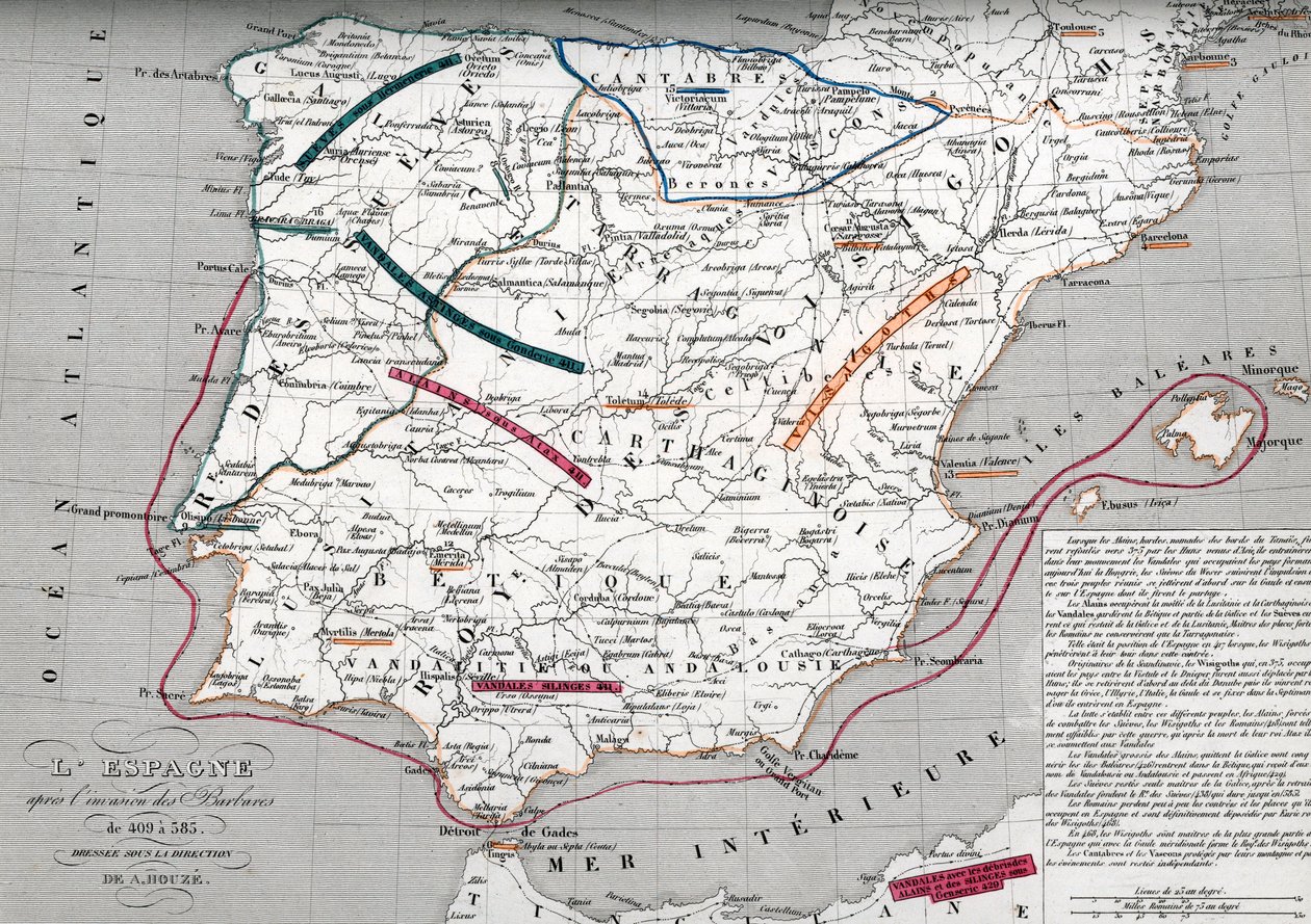 Map of Spain at the times of Germanic Hispania, 409-585 (Engraving from 