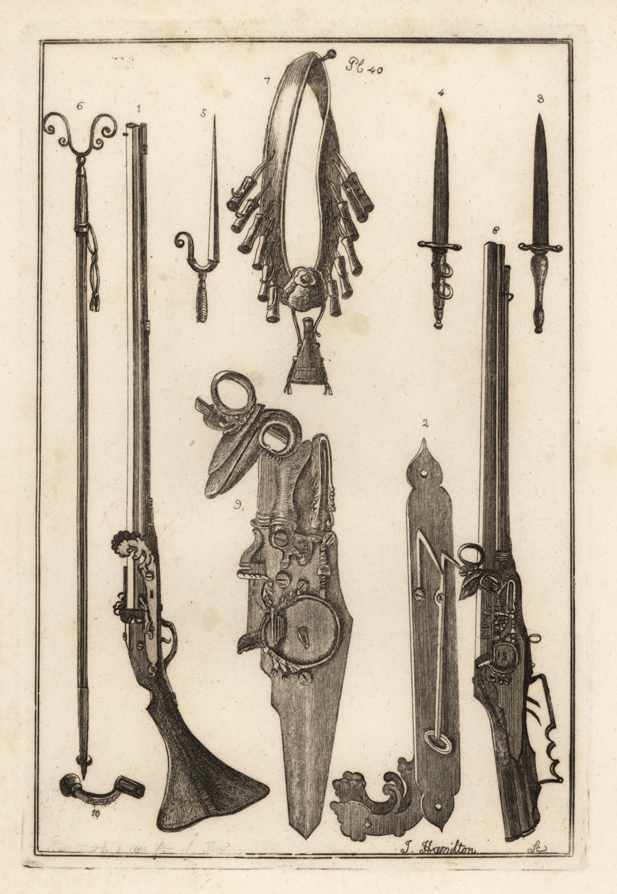 Matchlock musket, lock and bayonet from the Tower of London, bayonet, musket rest and bayonet, musket rest, bandileers and powder flask, wheel lock, and spanner by Unbekannt