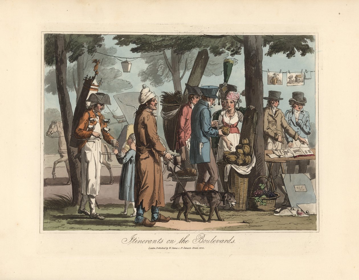 Merchants itinerant on the boulevards, a salesman of herbal tea with his barrel on his back, a blind man with his dog, a porter and a seller of prints. Eau forte after an illustration by Victor Auver, from Un tour through Paris, published by William Sams by Unbekannter Künstler