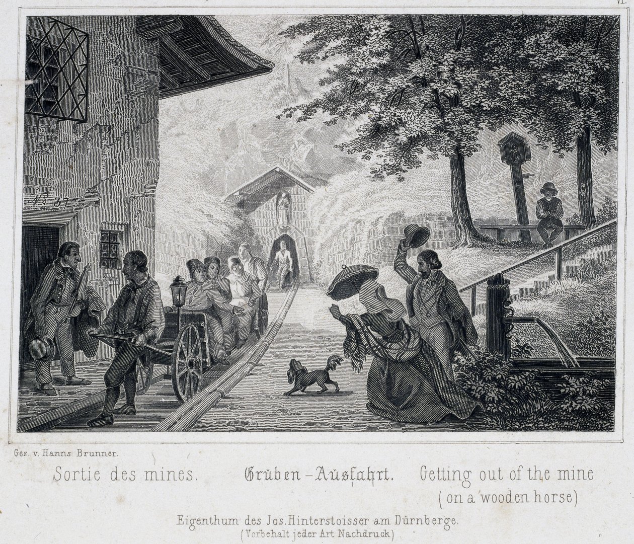 Salt Mine: The Exit of Tourists from the Mine on a Wooden Vehicle Pulled on Rails, Durrnberg, Austria, c.1850 by Unbekannt