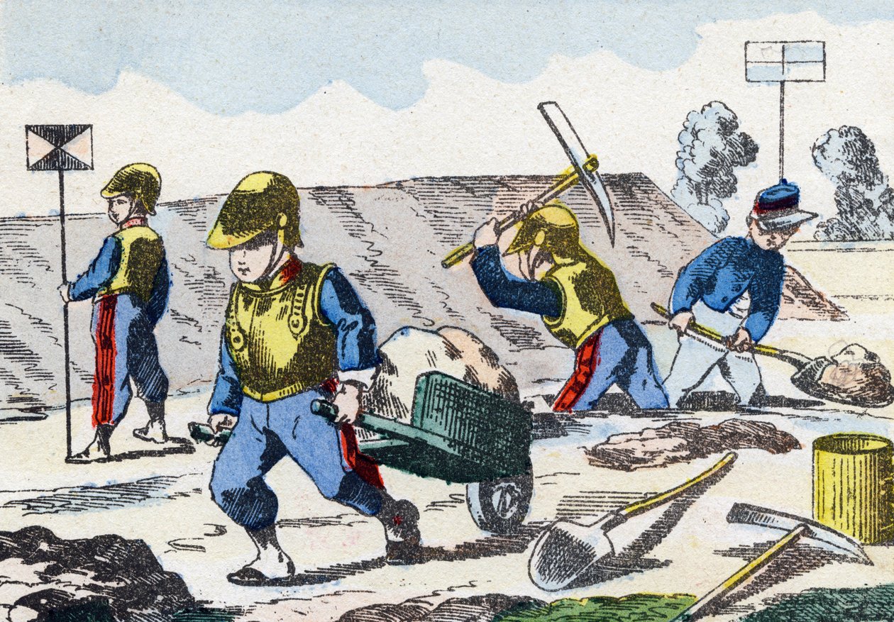 Minors. Engraving in "Alphabet militaire enfantin". Imagery of Pont-a-Mousson, circa 1890 by Unbekannt
