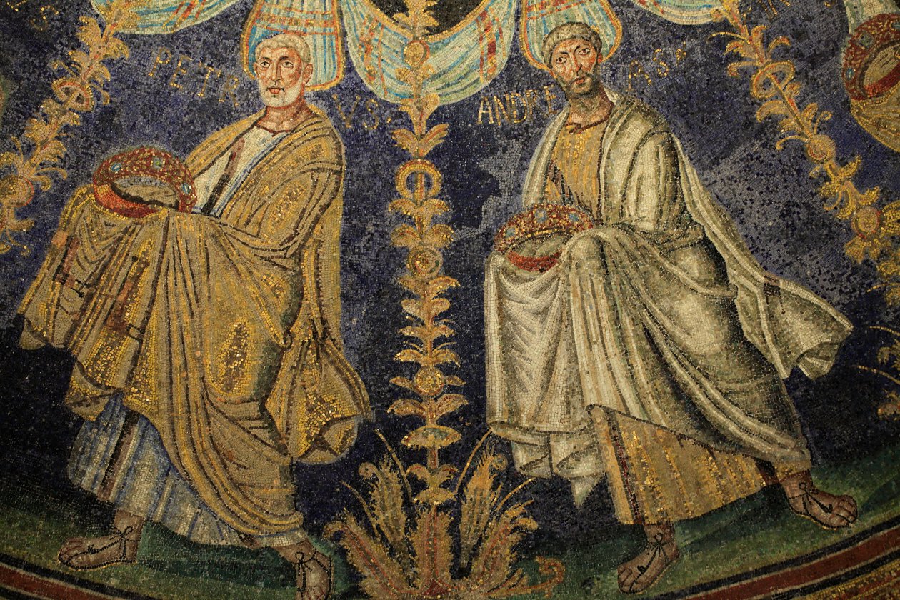 Mosaic of the ceiling of the Baptistery of Neon. Detail of the procession of the twelve apostles proceeding around the center mosaic in two directions, ending with Saint Peter meeting Saint Paul. 5th Century, Ravenna, Italy. UNESCO by Unbekannt