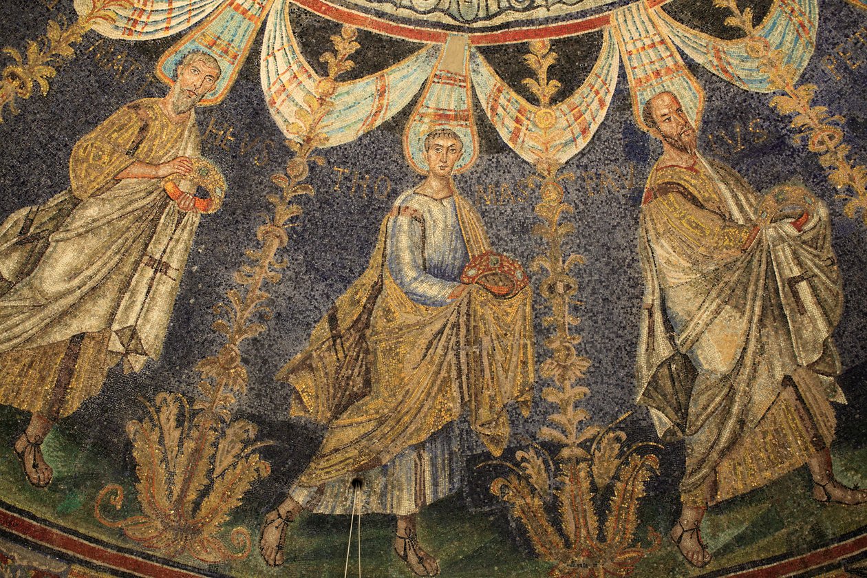 Mosaic of the ceiling of the Baptistery of Neon. Saint Paul and Saint Peter. Detail of the procession of the twelve apostles proceeding around the center mosaic in two directions, ending with Saint Peter meeting Saint Paul. 5th Century, Ravenna, Italy. UNE by Unbekannt