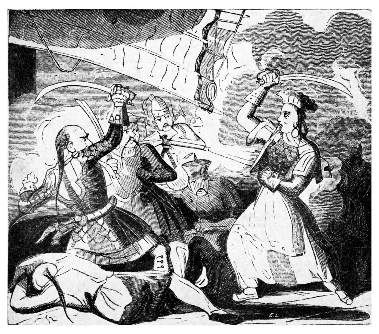 Mrs Ching wielding a sword (engraving) by Unbekannter Künstler