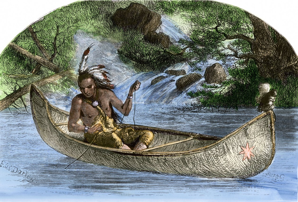 Native population of America: Hiawatha fishing in a canoe by Unbekannter Künstler
