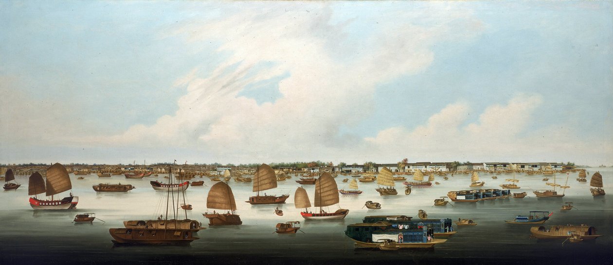Navigation on the Pearl River, off the coast of Henan Island, with a view of the European factories in Canton by Unbekannter Künstler