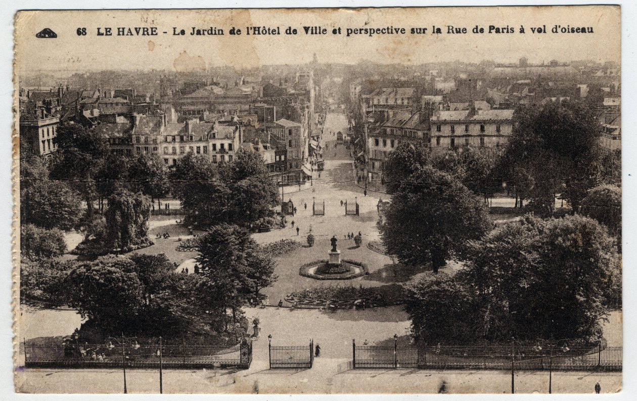 Normandy, Seine Maritime (76), Le Havre: the garden of the city hall and perspective on the rue de Paris - Postcard late 19th-20th century by William M. Timlin