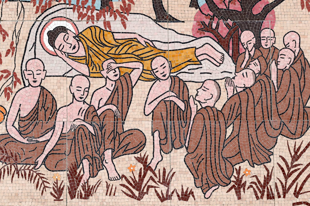 Ong Nui Buddhist pagoda, Wall fresco, The life of the Buddha, After 45 years of teaching the Dharma, the Buddha passed into Parinirvana, Quy Nhon, Vietnam, 2019 by Unbekannt