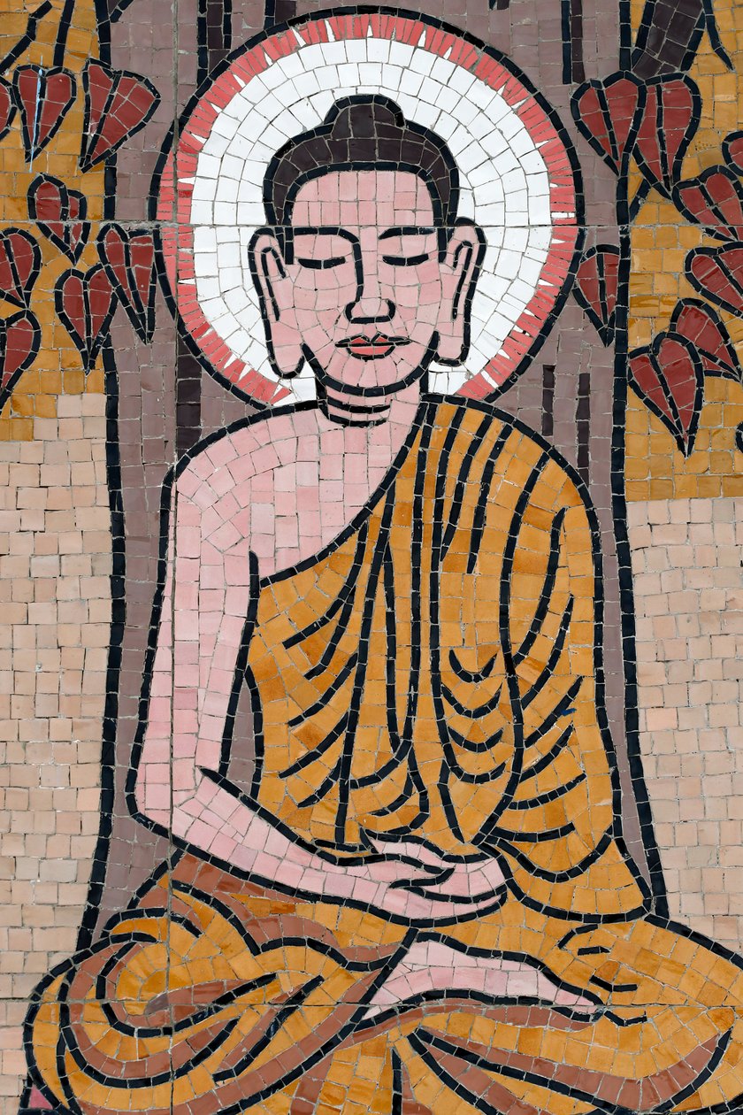 Ong Nui Buddhist Pagoda, Wall Fresco, The Life of the Buddha, Shakyamuni Buddha Sitting in the Meditation Pose Under the Bodhi Tree, Quy Nhon, Vietnam, 2019 by Unbekannt