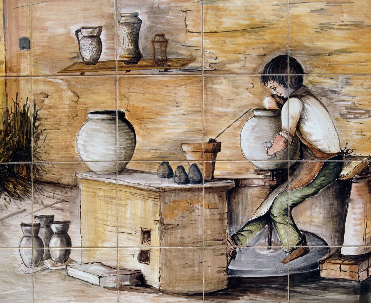 Painted maiolica panel depicting scene of pottery making, handcrafted by Ceramiche Desuir (detail) by William M. Timlin