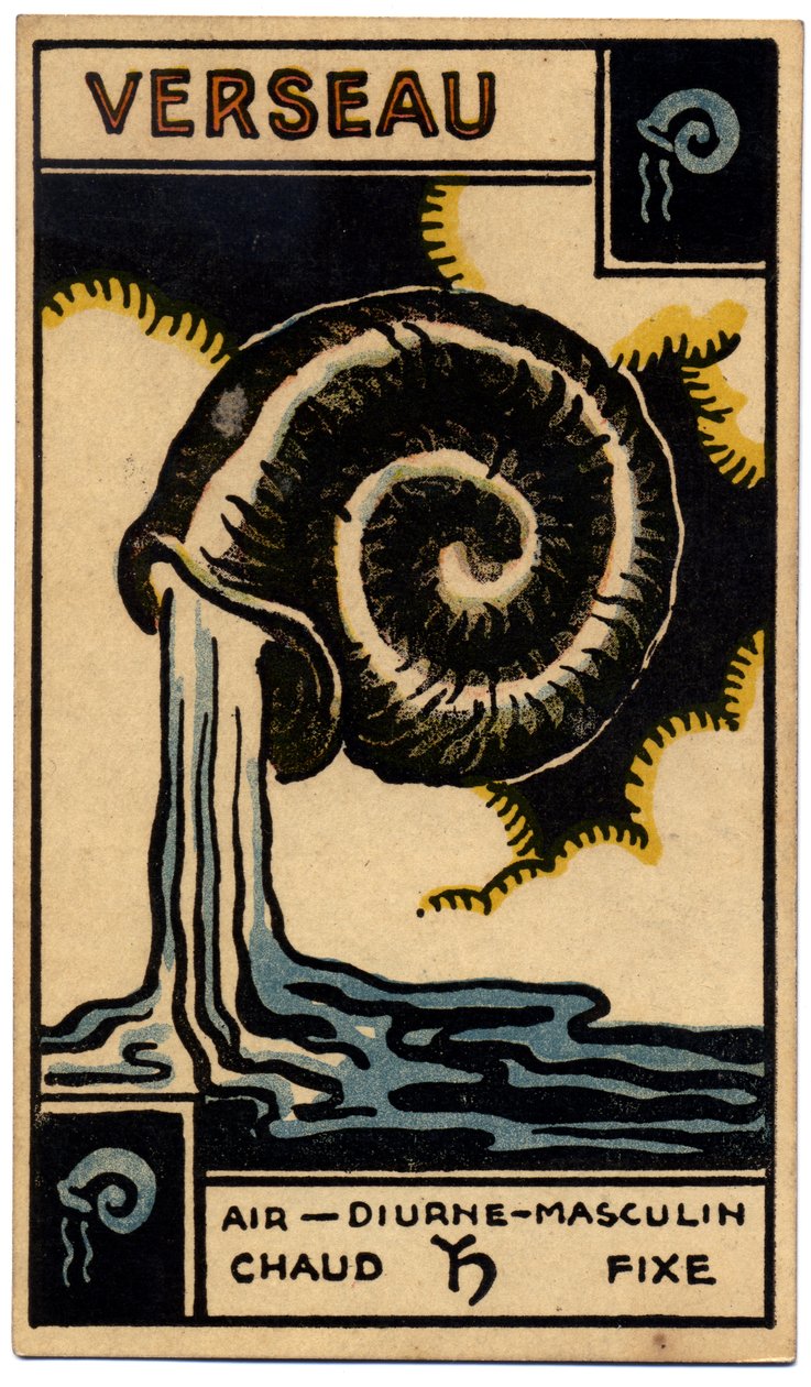 Paranormal. Astrology. Aquarius (the Water Bearer). Astrologic Card from: Le Tarot Astrologique, by Georges Muchery, France by Unbekannter Künstler
