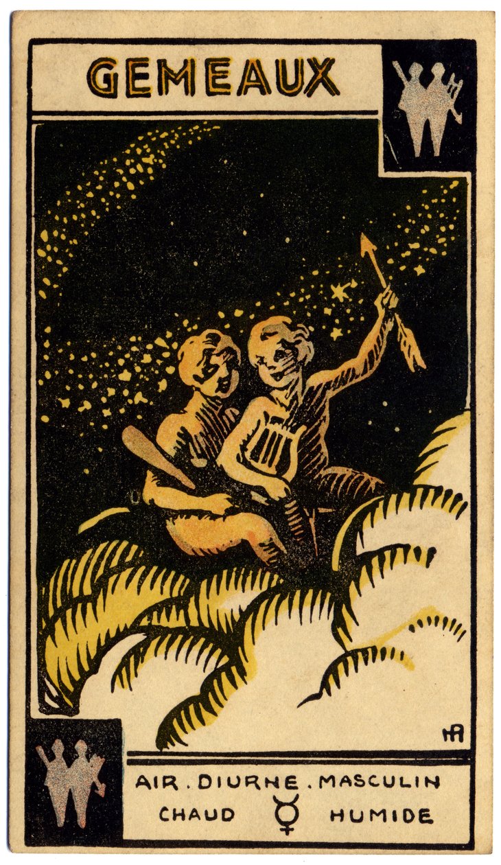 Astrology. Gemini (the Twins). Astrologic card from: Le Tarot Astrologique, by Georges Muchery, France by Unbekannter Künstler