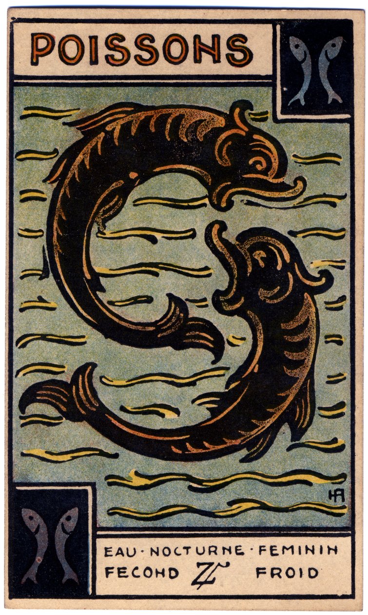 Paranormal. Astrology. Pisces (the Fish). Astrologic card from: Le Tarot Astrologique (Astrological Tarot), by Georges Muchery, France by Unbekannter Künstler