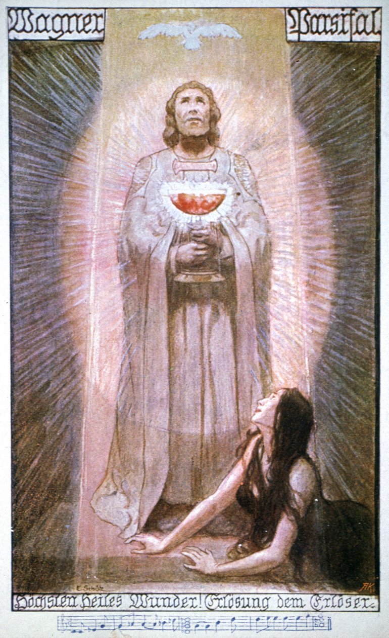 Parsifal with Graal, Kundry Dying, Early 20th Century (Postcard) by Unbekannter Künstler