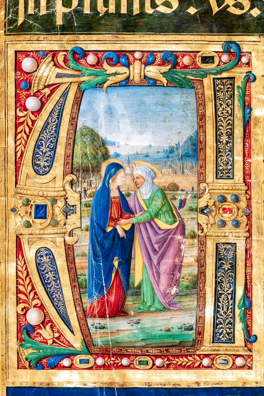 Piccolomini Library: choir book, cod. 14.P., ff. 2r with the Visitation of Mary and St. Elizabeth (detail) by Unbekannter Künstler