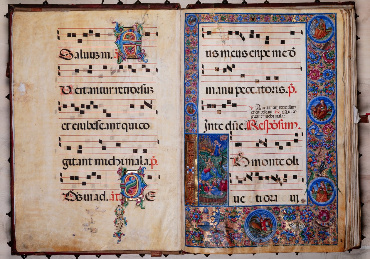 Piccolomini Library: choir book, cod. 8-H, ff. 1v-2r with 