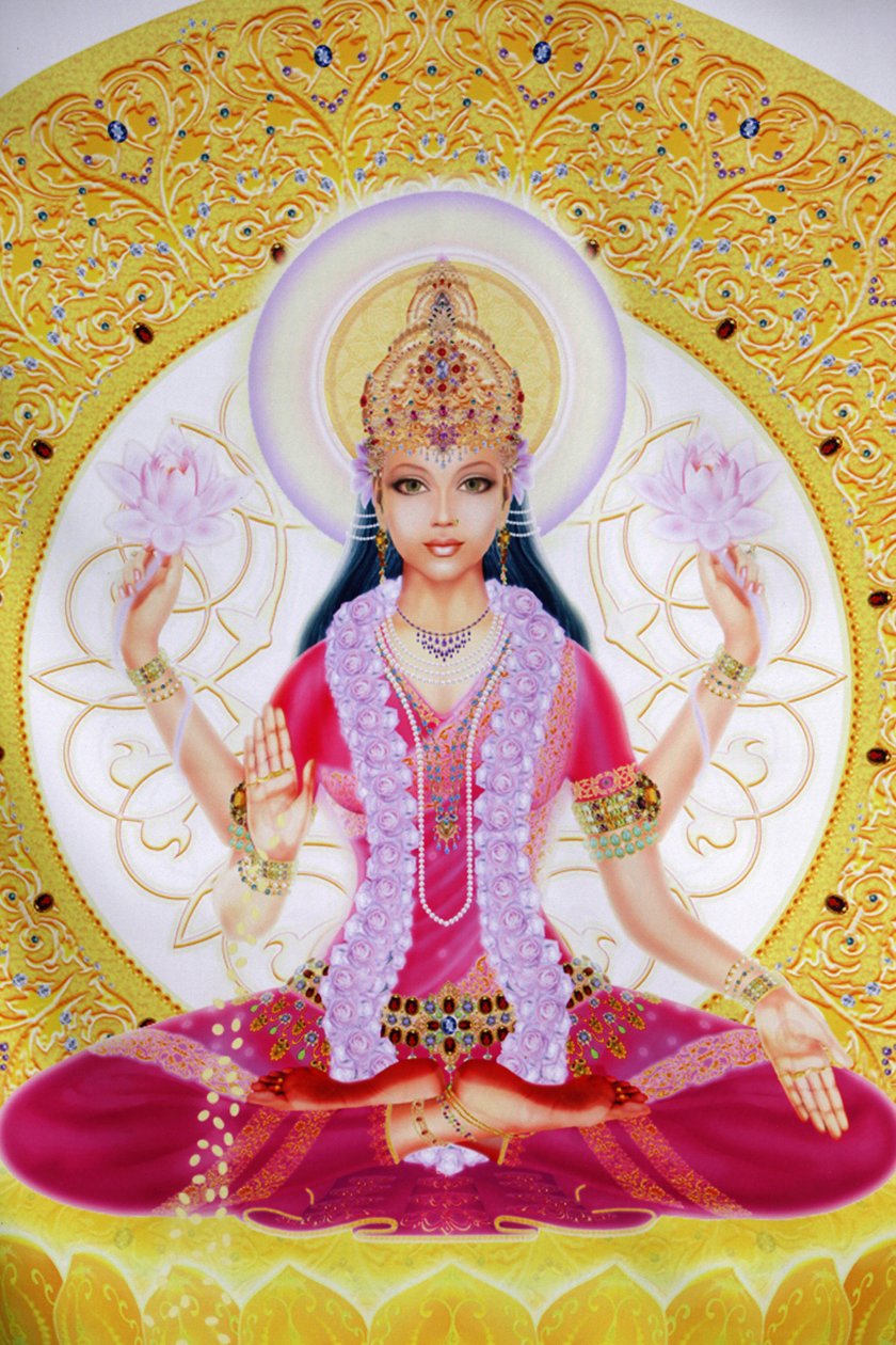 Picture showing Lakshmi, Goddess of wealth and consort of Lord Vishnu, sitting holding lotus flowers by Unbekannt