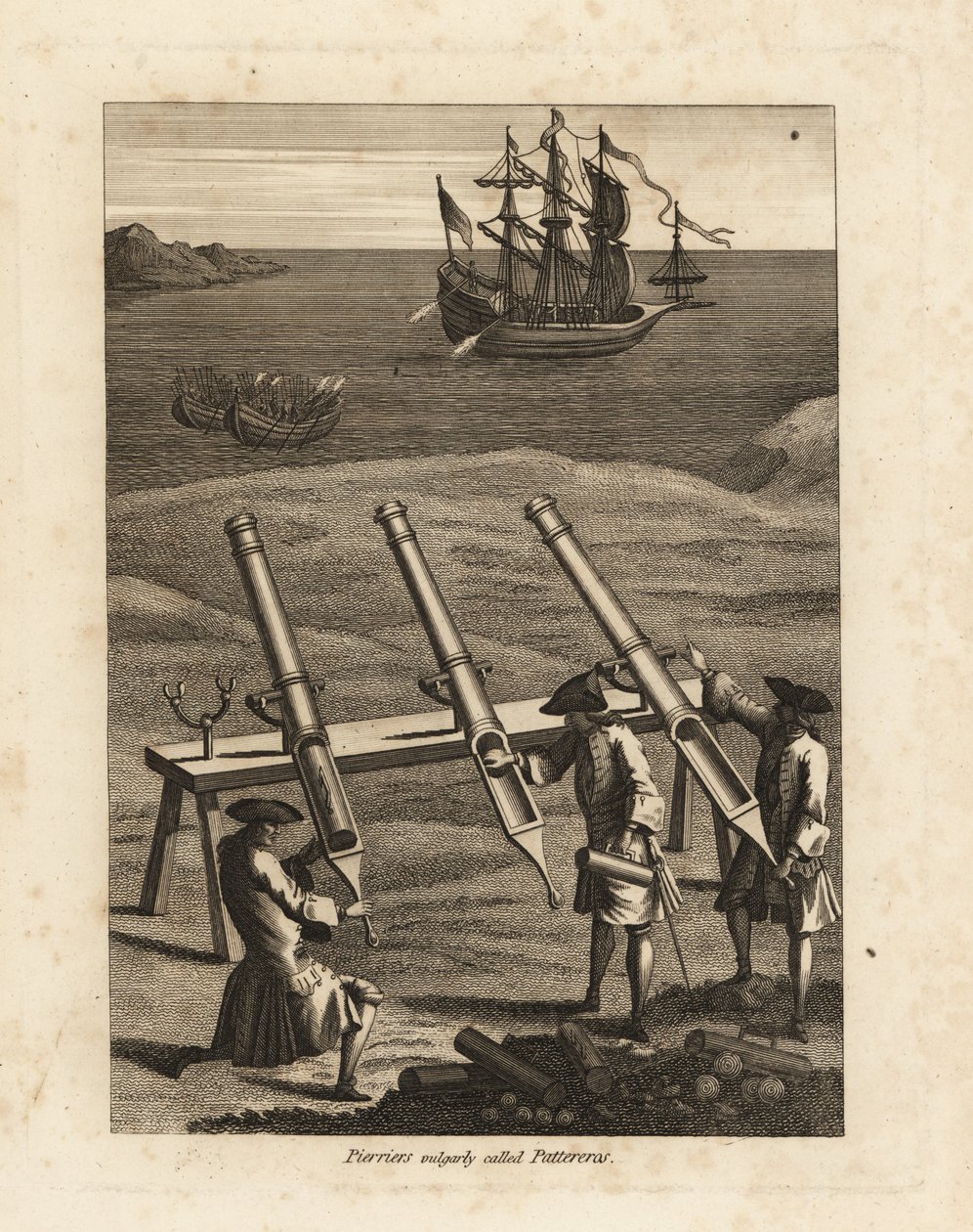 Pierriers firing stones at a ship in a bay by Unbekannt