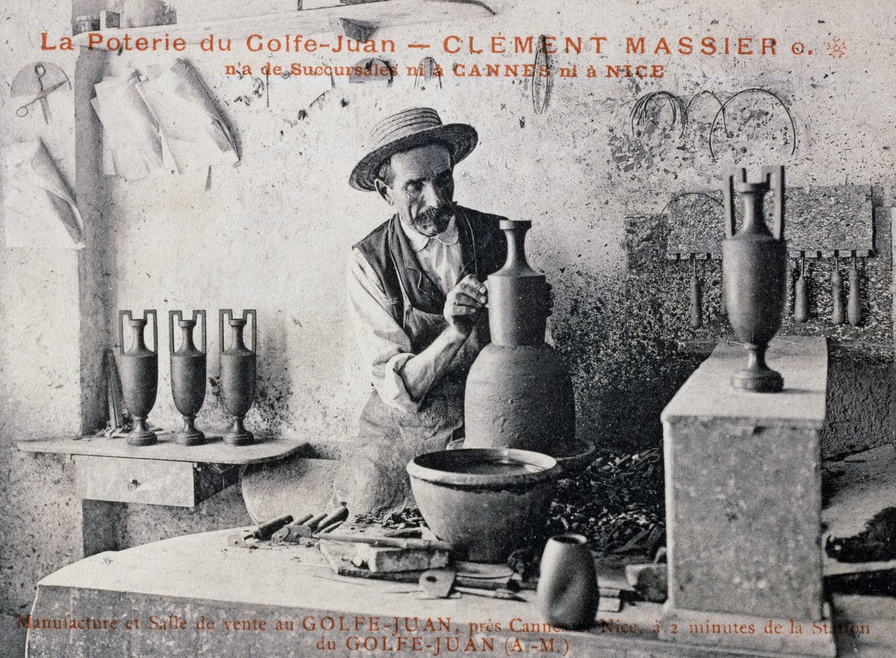 Postcard with Clement Massier (1844-1917), master potter of Poterie de Golf-Juan at work in his studio, France, 20th century by William M. Timlin