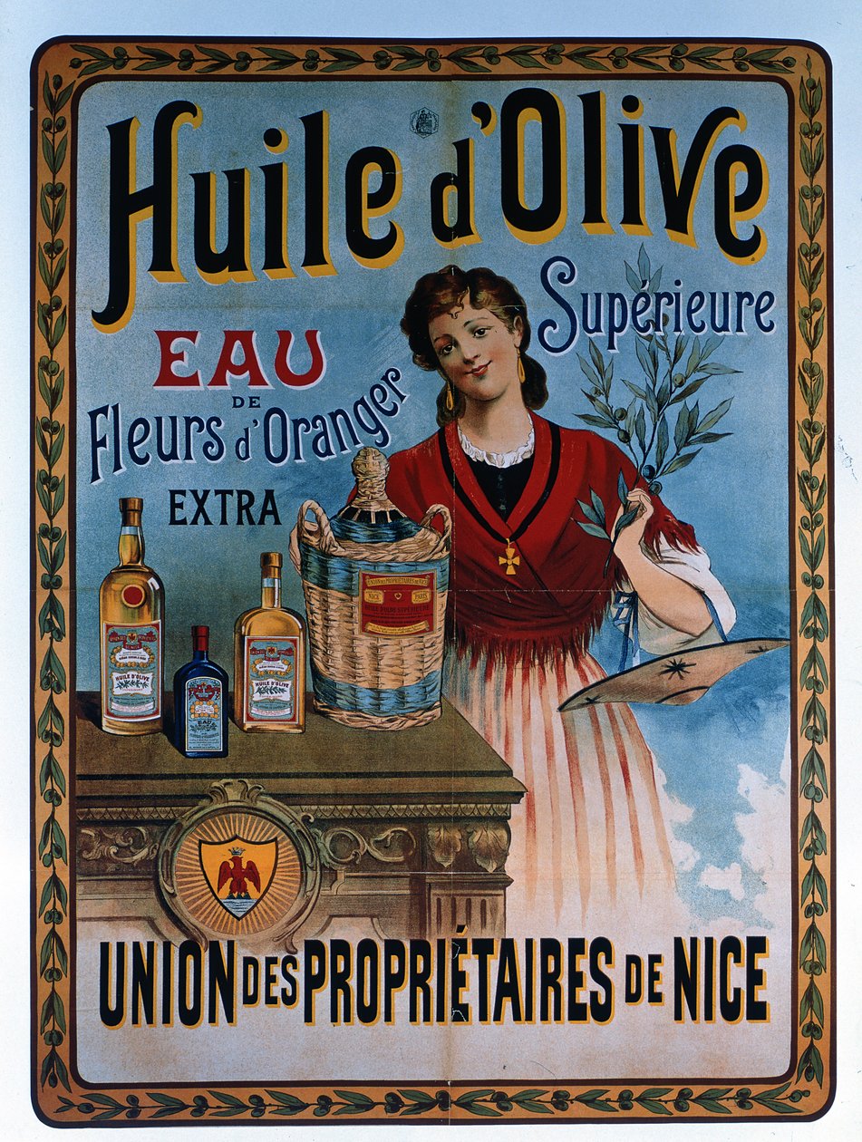 Poster advertising olive oil made in Nice, France by Unbekannter Künstler