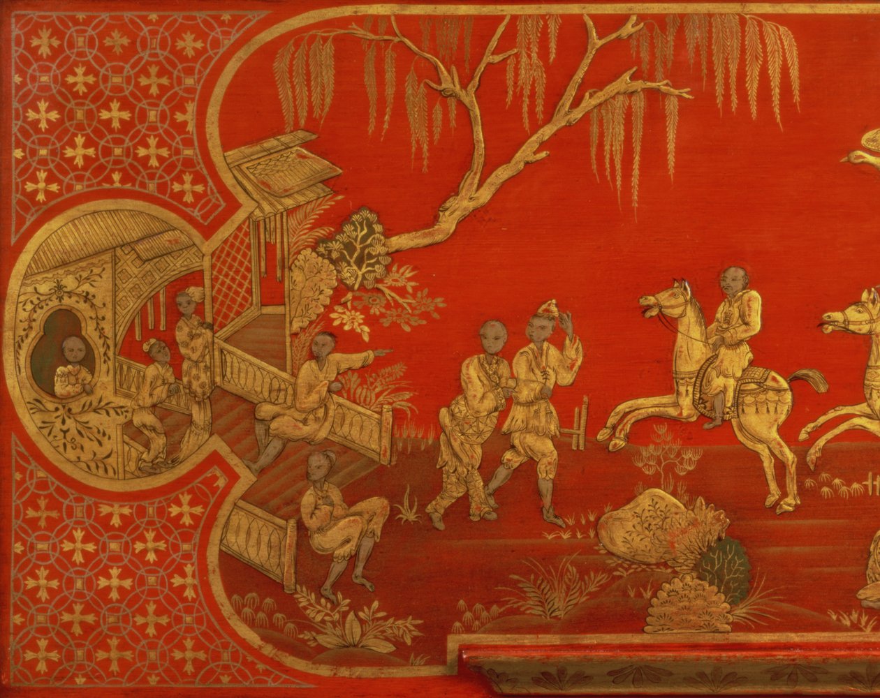 Queen Anne Japanned Bureau Cabinet, Showing a Detail of Desk Lid with Figures in Gilt and Black on Scarlet, Possibly by John Belchier of St. Paul