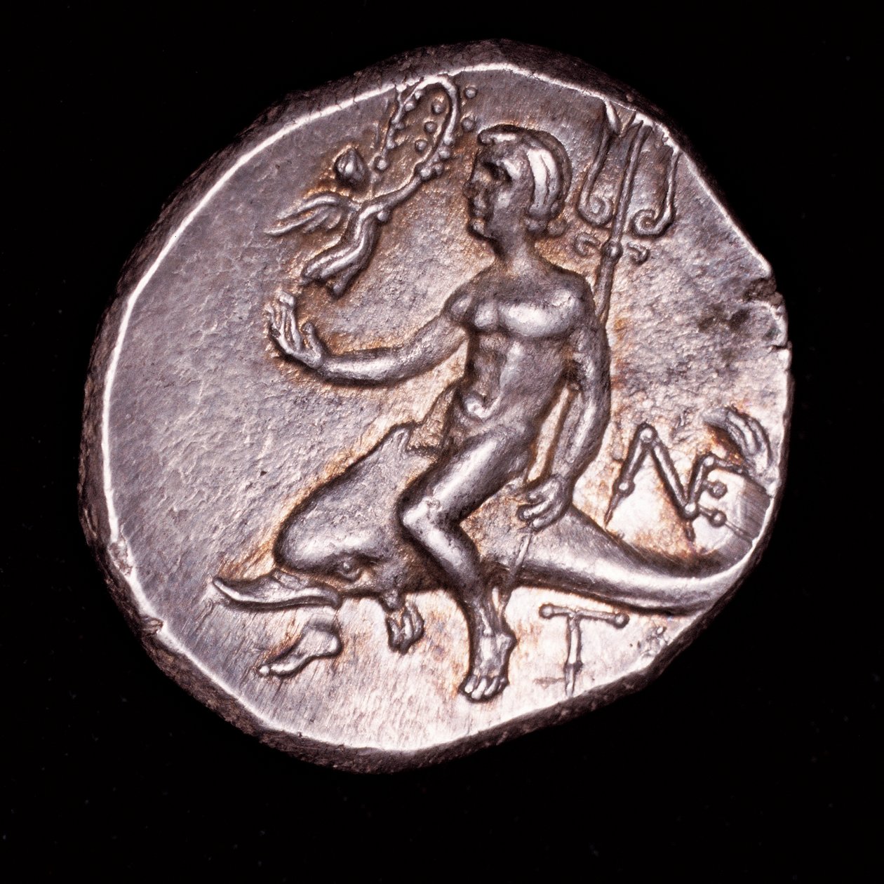 Rare Ancient Greek Coin, Calabria, Tarentum, Taras riding a dolphin holding a trident, Nike above with a Wreath Crown by Unbekannter Künstler