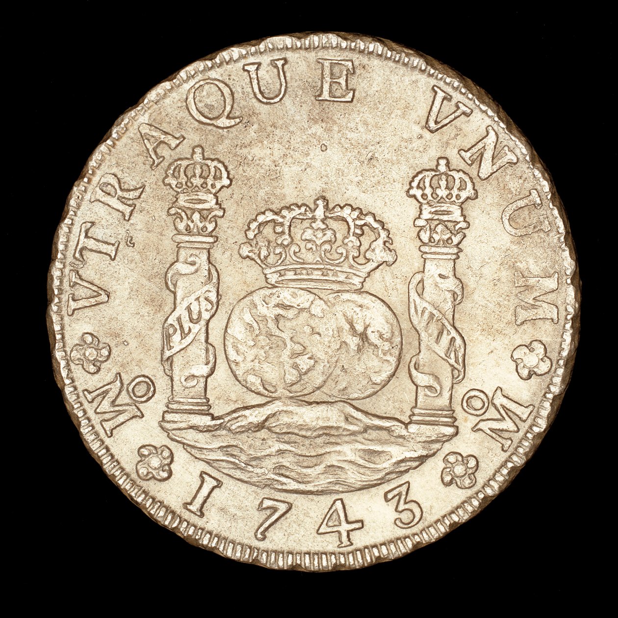 Rare Silver Coin, Spanish America King Ferdinand VI, 8 Reale, Pillars of Hercules on Straits of Gibraltar with globes, crown by Unbekannter Künstler