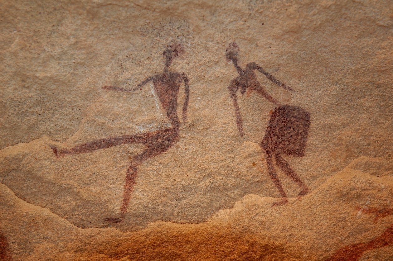 Rock art, Prehistory: Detail of a rock painting of two characters in an ornate shelter, in the Uweinat massif, Egypt by Unbekannt