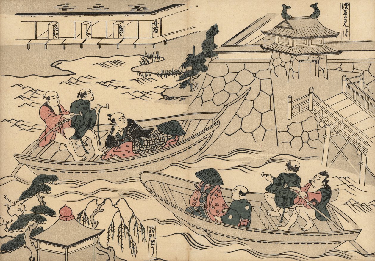 Samurai crossing the river in a boat on the way to the Yoshiwara pleasure quarters. Woodblock print by Masanobu Okumura from Fuzoku Emakimono, Picture Scroll of the Water Trade, Tokyo, reprint circa 1880 by Unbekannter Künstler