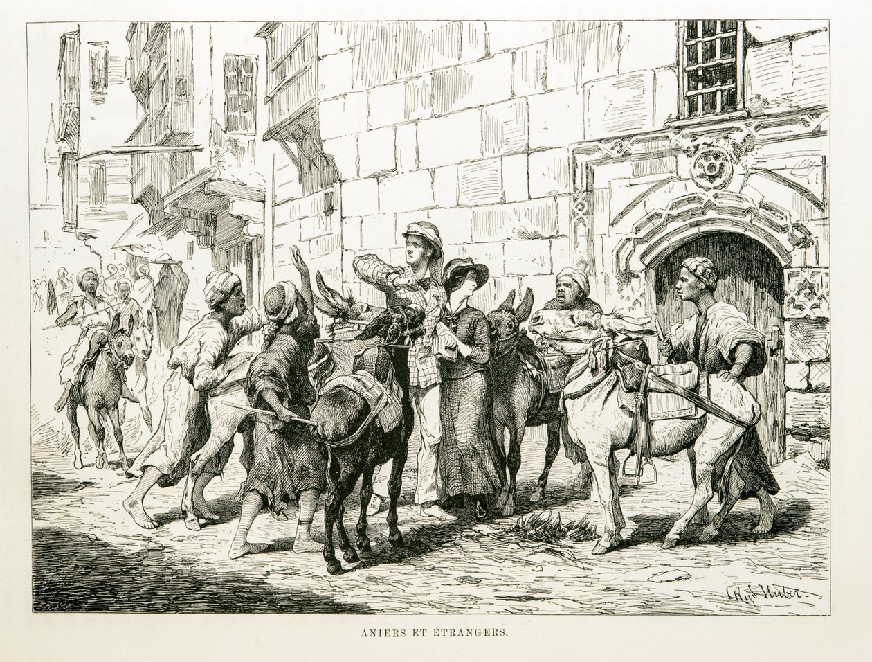 Satirical drawing depicting Western tourists surrounded by donkeys and their drivers - Illustration from the Atlas of Egypt by Unbekannt