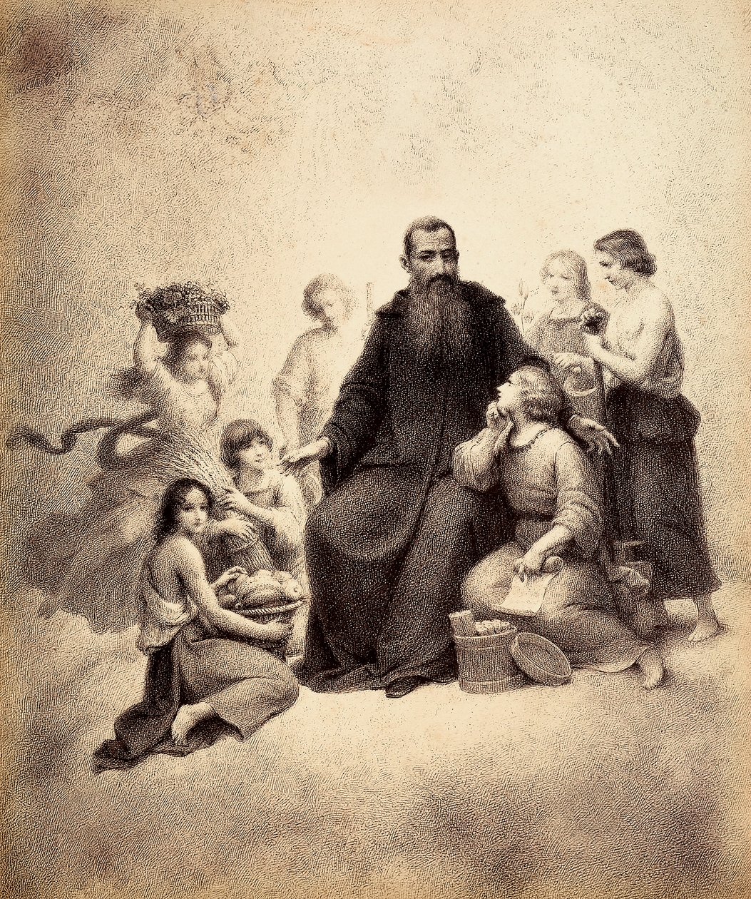 St. Benedict Enthroned Surrounded by Youth with Bundles of Wheat and Baskets of Fruit (Illustration of Canto XXXII in Paradiso of The Divine Comedy by Dante Alighieri) by Unbekannter Künstler