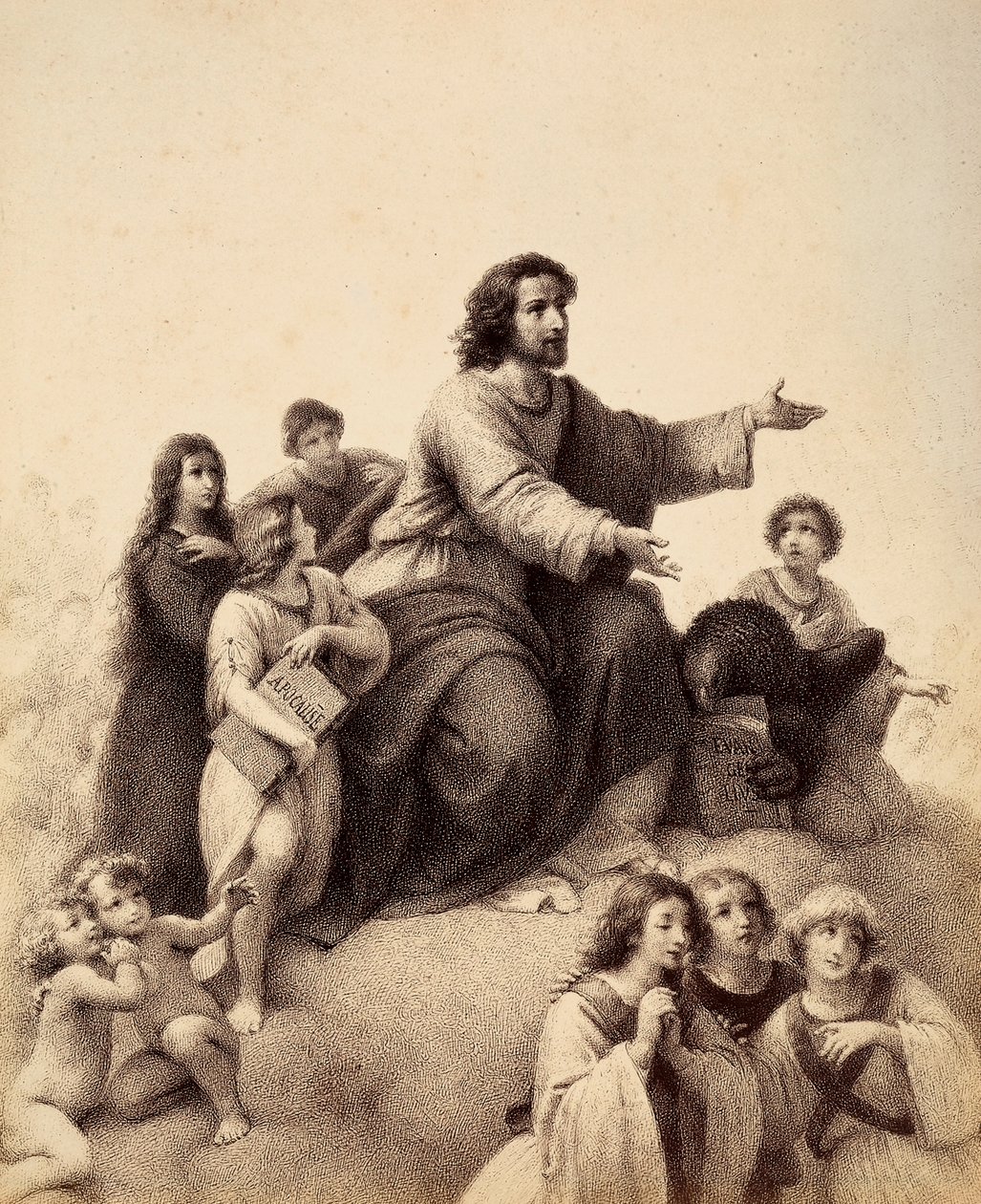 St. John the Evangelist with outstretched arms is surrounded by youth and angels; at his feet an eagle has in its talons the Gospel; a youth, to the right of the saint, holds the book of the Apocalypse (The Book of Revelation). Illustration of Canto XXXI by Unbekannter Künstler