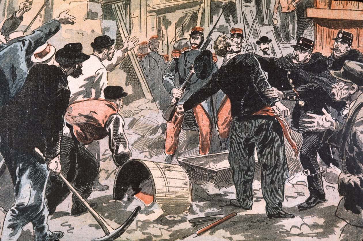 Struggle Between Breton Strikers and Law Enforcement Forces on a Construction Site, Paris, Early 20th Century (engraving) by Unbekannter Künstler