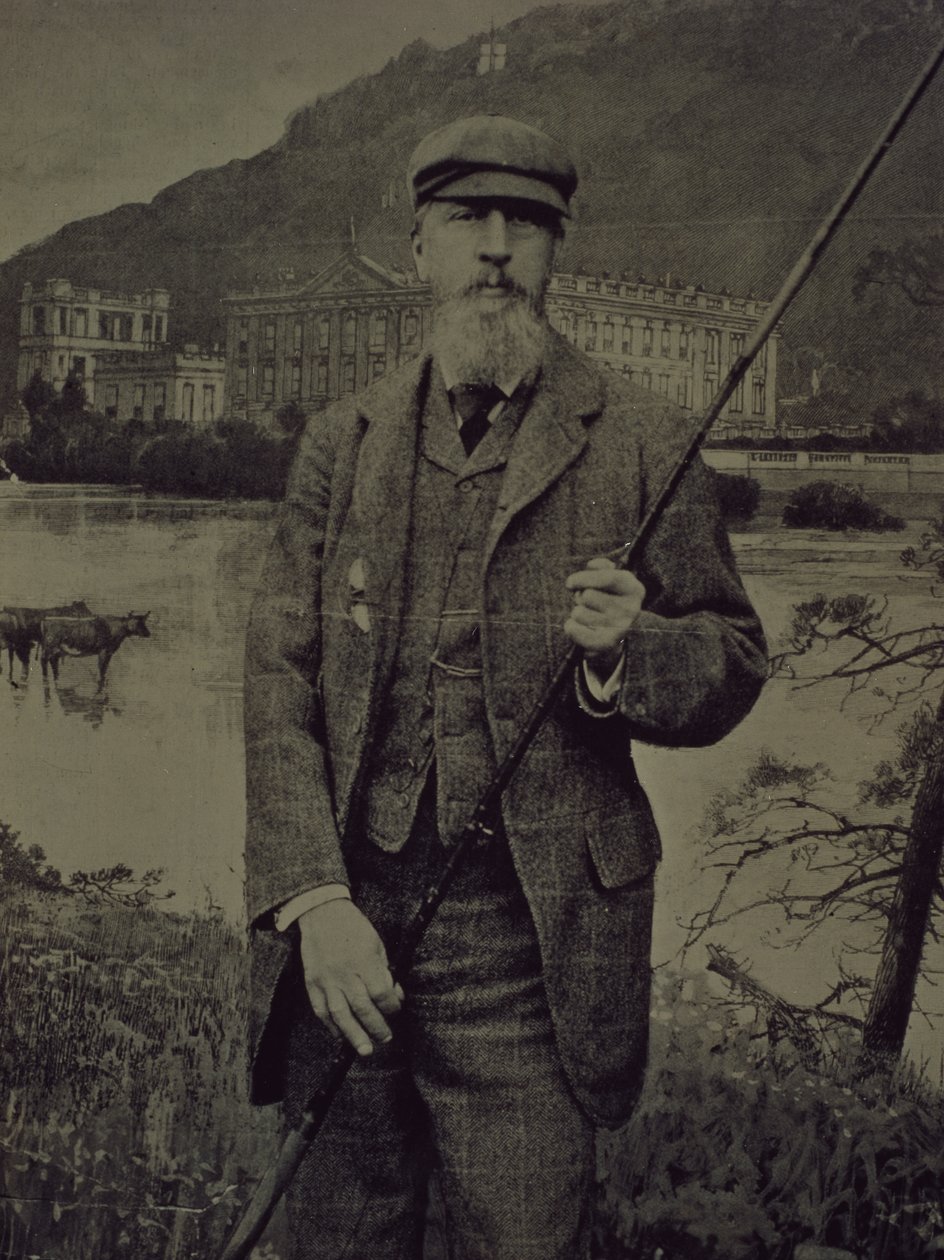 Studio portrait of 8th Duke of Devonshire in tweeds holding fishing rod in front of a printed screen depicting Chatsworth by William M. Timlin