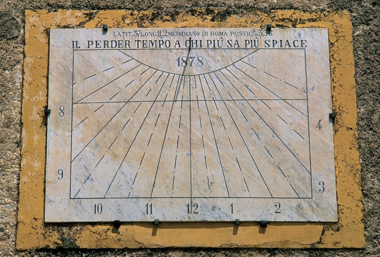 Sundial, side wall of Church of Maria Santissima Assunta, Palazzo Adriano, Sicily, Italy by Benjamin Baud