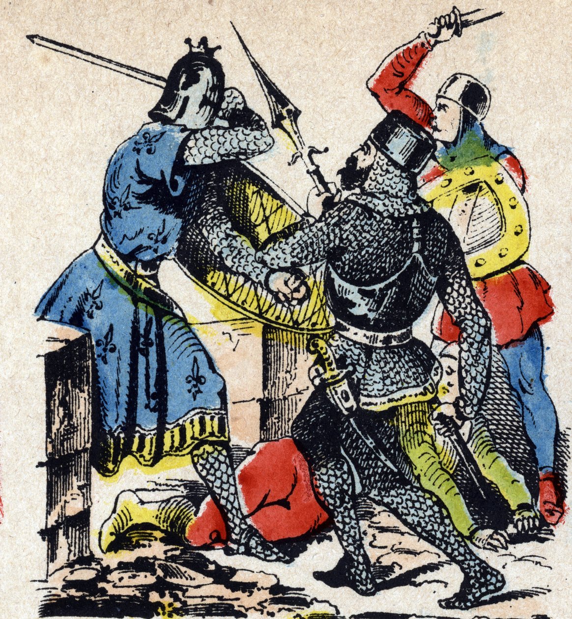 The Battle of Taillebourg between King Louis IX and his brother the Count of Poitiers Alphonse against Henry III of England and Hugues X of Lusignan (Epinal picture 19th century) by Unbekannter Künstler