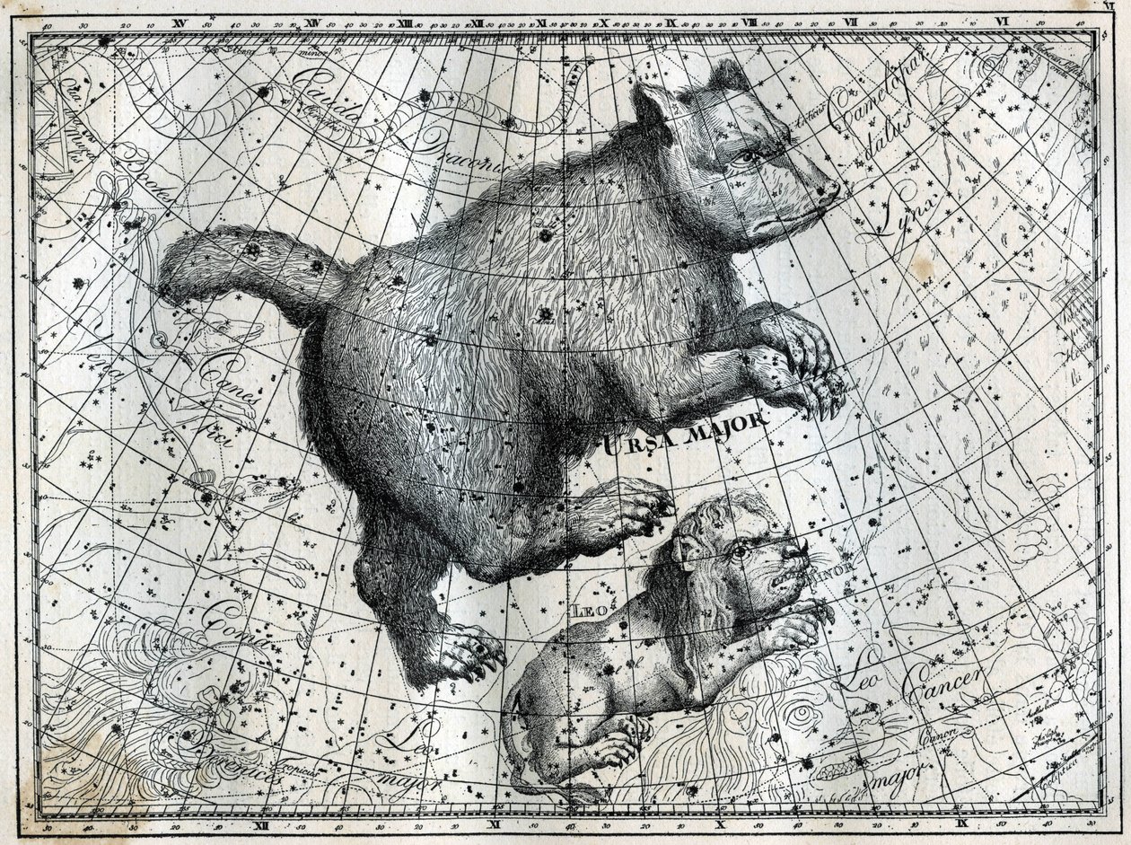The Boreal Constellations: the Great Bear and the Little Lion. Engraving from Camille Flammarion