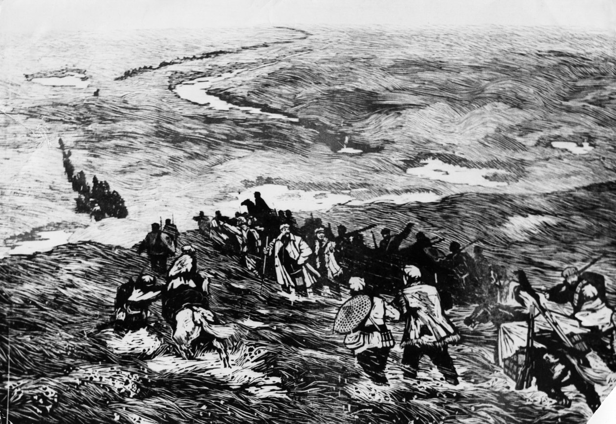 The Chinese Red Army passes through the marsh land. A woodcut by Li Huan-min. The Red Army is shown crossing a marsh in 1935 by Unbekannt
