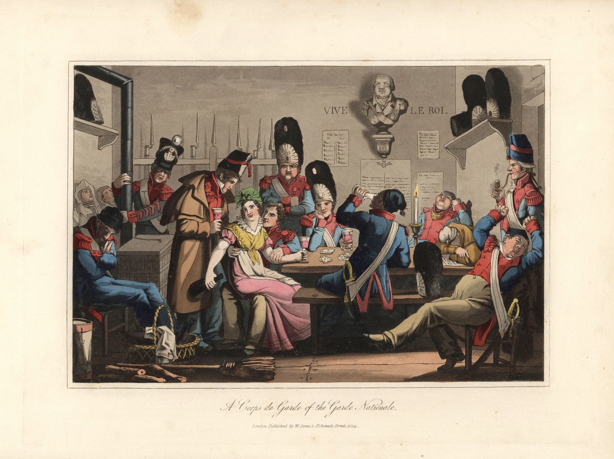 The National Guards in the Guards, drinking with the cantiniere, liquor dealer and playing cards, smoking the pipe, some are asleep. Eau forte after an illustration by Victor Auver, from Un tour through Paris, published by William Sams by Unbekannter Künstler