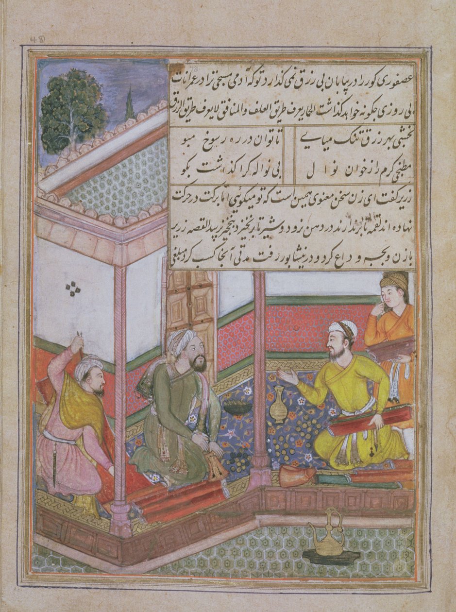 The Twenty-Seventh Night: Zarir and two other weavers sell cloth to a man holding a purse, from Tuti Nama (Tutiname) c.1580 by Unbekannt